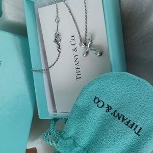 Tiffany & Co. Silver Liquid Cross Pendant Necklace with Tiffany Blue Pouch